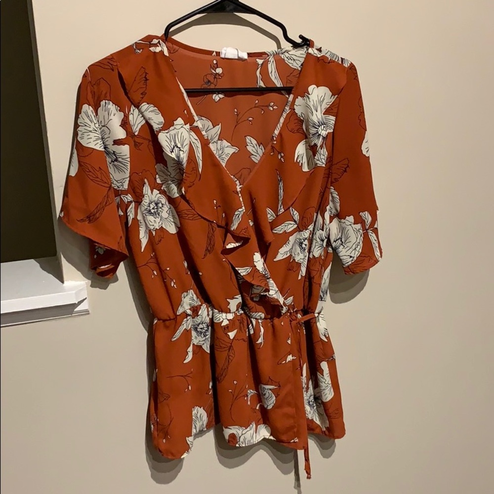 Red/orange floral wrap top